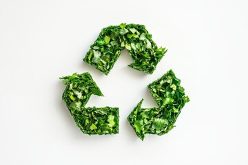 green recycle eco symbol made out of green leaves and branches, white background, recycling