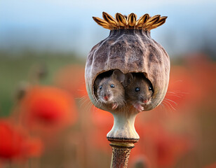Obraz premium Two mice looking out of the side hole of a dry poppy plant head