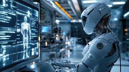 An AI robot gazes at its reflection in a sleek, high-tech science lab, surrounded by futuristic equipment and glowing screens, pondering its existence.