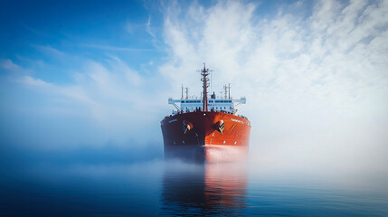 Cargo Ship Emerging Through Fog at Sea