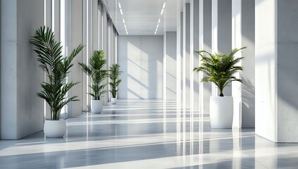Modern office corridor with large windows and potted plants.