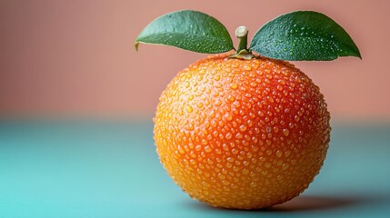 A Dewy Tangerine with Green Leaves