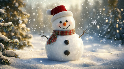 A cheerful snowman standing in a snowy winter scene with festive decorations and a holiday vibe