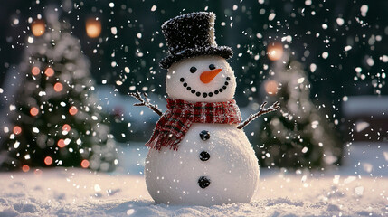 Obraz premium A cheerful snowman standing in a snowy winter scene with festive decorations and a holiday vibe