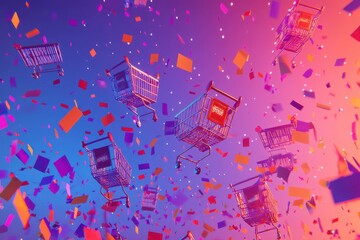 Abstract background with vibrant colorful shopping carts and confetti