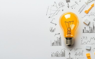 Light bulb surrounded by business-related doodles, financial graphs, and arrows, symbolizing inspiration and strategic thinking