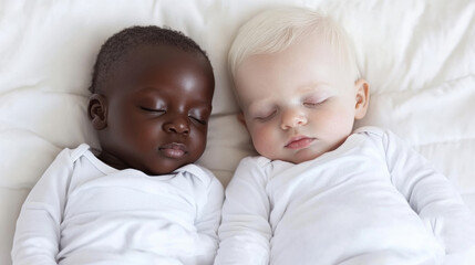 A couple of babies laying next to each other on a bed
