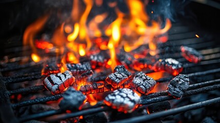Charcoal Pieces Igniting with Intense Heat and Flames on a Grill, Creating a Striking Visual Scene