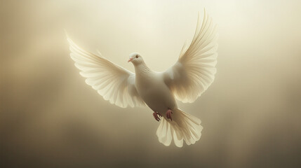 Obraz premium Dove in Flight Against Simple Grey Background: Symbolic Christian Imagery