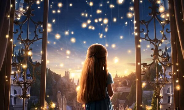 little girl looks out big window in castle magic fairy tale
