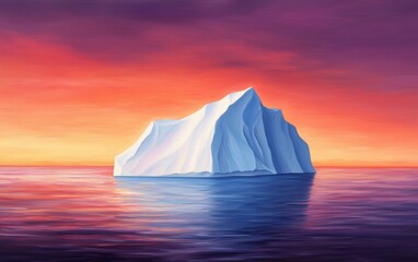 Majestic iceberg under a radiant sky, rich pinks and purples blending with the calm sea, tranquil and ethereal arctic scene