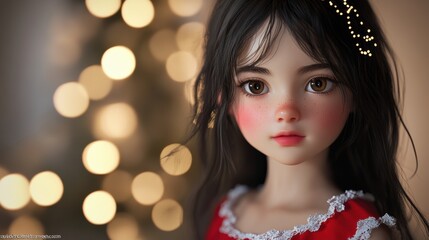 A close up of a doll wearing a red dress