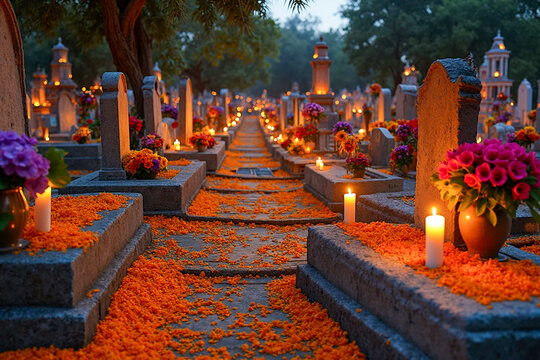 Cemetery - Dia de los muertos - day of the dead - Candles & Marigold - AI generated