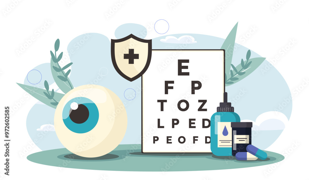 Wall mural Ophthalmologists office concept. Eye near pill jars and letters for vision testing. Healthcare and medicine. Diagnosis and treatment. Flat vector illustration isolated on white background