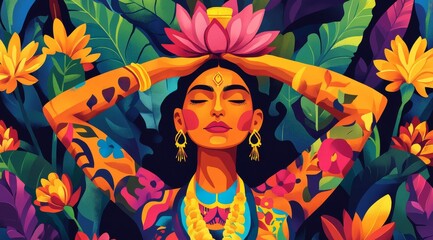 A vibrant celebration of femininity and nature unfolds as a woman adorned with colorful tattoos harmonizes with blooming flowers under the mystical glow of a vivid tropical setting