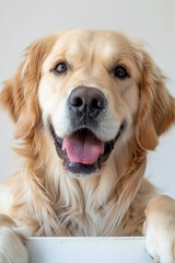 Dog sitting happily and holding a big signboard . AI generative.