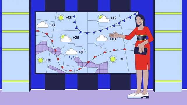 Weather channel on TV cartoon animation. Broadcasting program 4K video 2D motion graphic. Synoptic woman reporting forecasting meteorologist animated character on television production background
