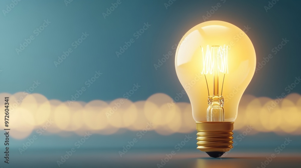 Wall mural A light bulb is glowing on a table with blurred background, AI