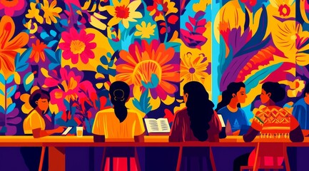 A vibrant gathering of diverse individuals engaged in creative activities surrounded by colorful floral murals in an inspiring, artistic space during daylight