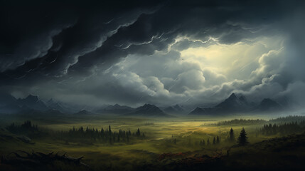 Obraz premium Big Gray clouds like a storm approaching above a wide filed.