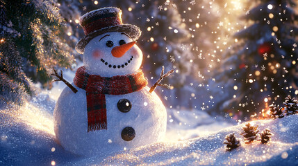 Obraz premium A cheerful snowman standing in a snowy winter scene with festive decorations and a holiday vibe