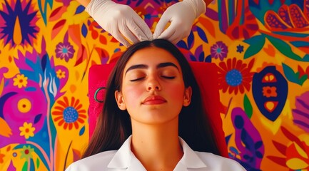 A serene wellness session unfolds as a skilled therapist rejuvenates a young woman amidst a vibrant floral backdrop, capturing the essence of relaxation and rejuvenation in a wellness clinic