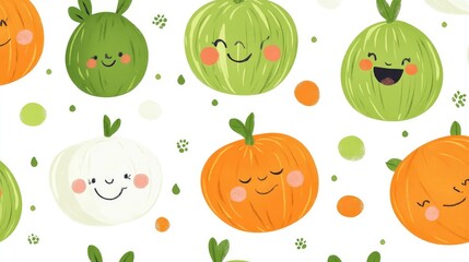 Seamless Design of Cute Green and Orange Cartoon Characters with Happy Expressions on White Background