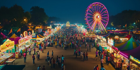 Crowd walking around amusement park with ferris wheel at night
