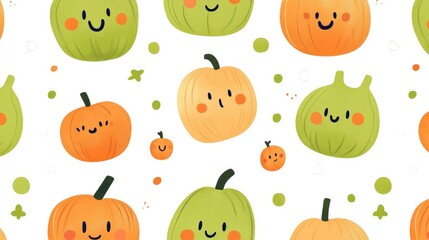 Seamless Design of Cute Green and Orange Cartoon Characters with Happy Expressions on White Background