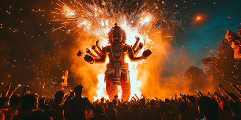 Crowd attending dussehra festival with ravana statue burning at night with fireworks