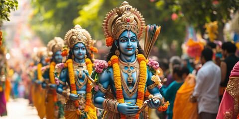 Procession of lord rama statues during dussehra festival in india