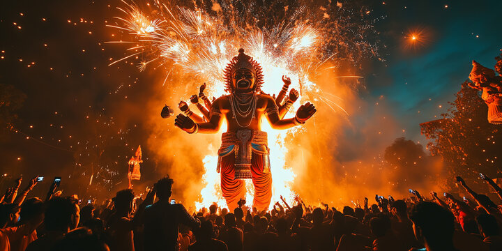 Crowd attending dussehra festival with ravana statue burning at night with fireworks