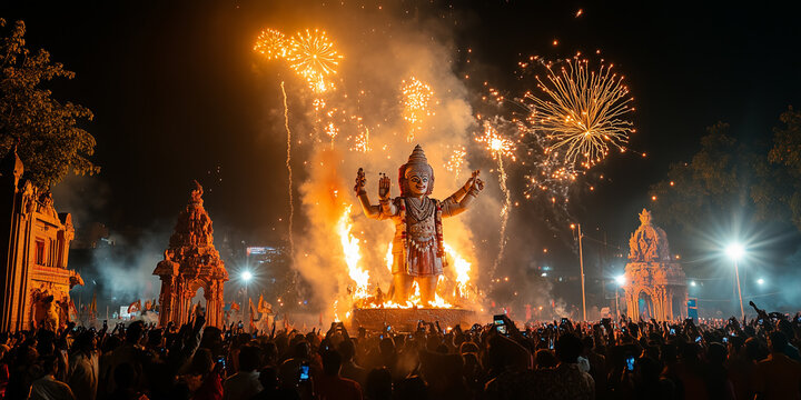 Crowd celebrating dussehra festival burning ravana effigy with fireworks at night