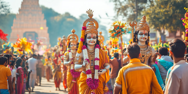 Crowd participating in dussehra festivities with statues of rama and lakshmana