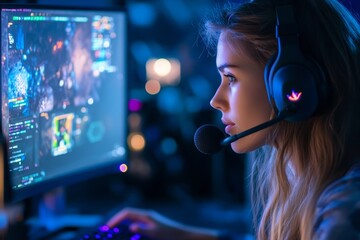 Young woman engaged in competitive gaming at night, illuminated by the colorful glow of her computer screens