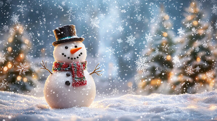 A cheerful snowman standing in a snowy winter scene with festive decorations and a holiday vibe