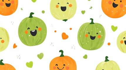 Seamless Design of Cute Green and Orange Cartoon Characters with Happy Expressions on White Background