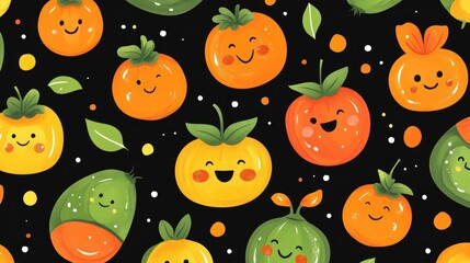 Seamless Design of Cute Green and Orange Cartoon Characters with Happy Expressions on White Background
