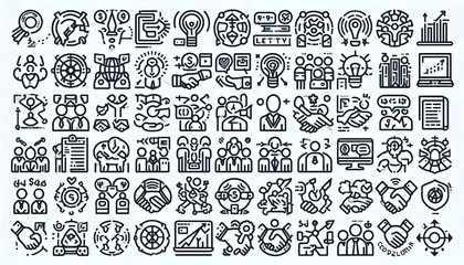 Set of 36 line icons related to society, teamwork, cooperation. Outline icon collection. Editable stroke. Vector illustration
