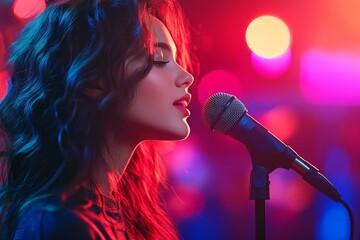 A young woman sings passionately into a microphone on stage during a vibrant live music performance at night