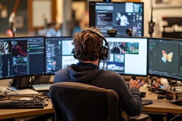 A person working at a multi-monitor setup in a modern office, engaged in digital tasks during the day