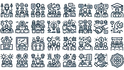 Fototapeta premium Set of 36 line icons related to society, teamwork, cooperation. Outline icon collection. Editable stroke. Vector illustration