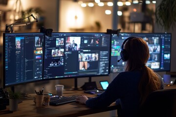 Person working with multiple monitors at a desk in a modern workspace during evening hours