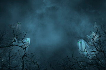 Floating scary white fabric ghost appeared among in the dark forest in a nightmare. Creepy ghost...