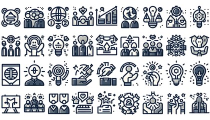 Obraz premium Set of 36 line icons related to society, teamwork, cooperation. Outline icon collection. Editable stroke. Vector illustration