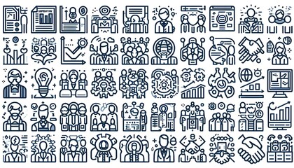 Fototapeta premium Set of 36 line icons related to society, teamwork, cooperation. Outline icon collection. Editable stroke. Vector illustration