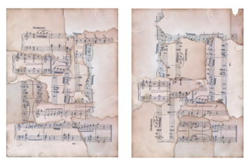 Pages assembled from fragments of various antique scores of old composers with yellowed aged edges, design element, background, postcard. On an isolated transparent background. PNG