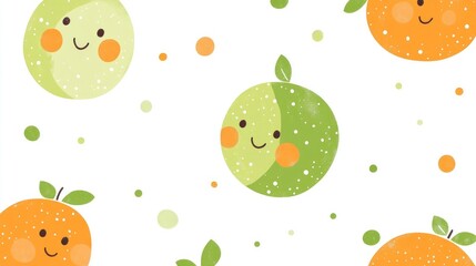 Seamless Design of Cute Green and Orange Cartoon Characters with Happy Expressions on White Background