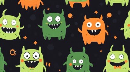 Naklejka premium Seamless Design of Cute Green and Orange Cartoon Characters with Happy Expressions on White Background