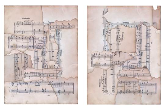 Pages assembled from fragments of various antique scores of old composers with yellowed aged edges, design element, background, postcard. On an isolated transparent background. PNG